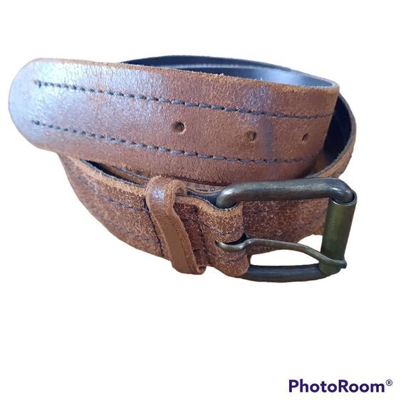 Amanda Smith Distressed Double Stitch Genuine Leather Belt Italy - Picture 1 of 4